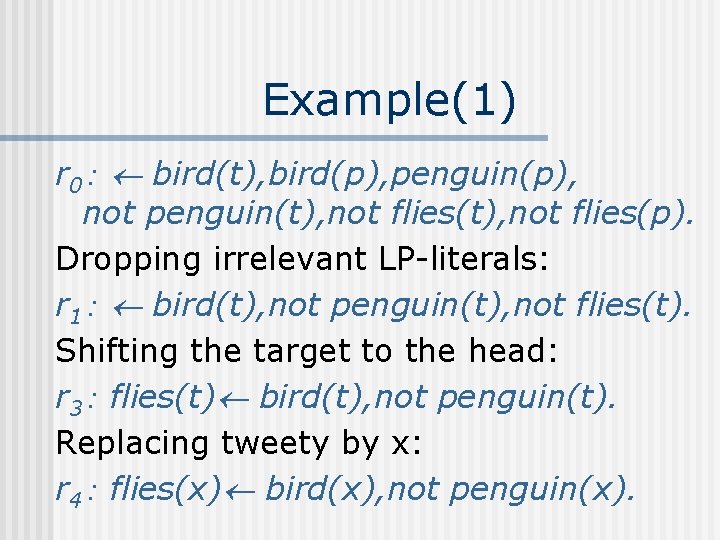 Example(1) r 0： bird(t), bird(p), penguin(p), not penguin(t), not flies(p). Dropping irrelevant LP-literals: r