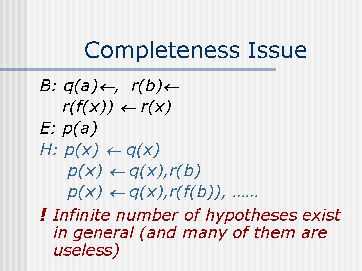 Completeness Issue B: q(a) , r(b) r(f(x)) r(x) E: p(a) H: p(x) q(x), r(b)