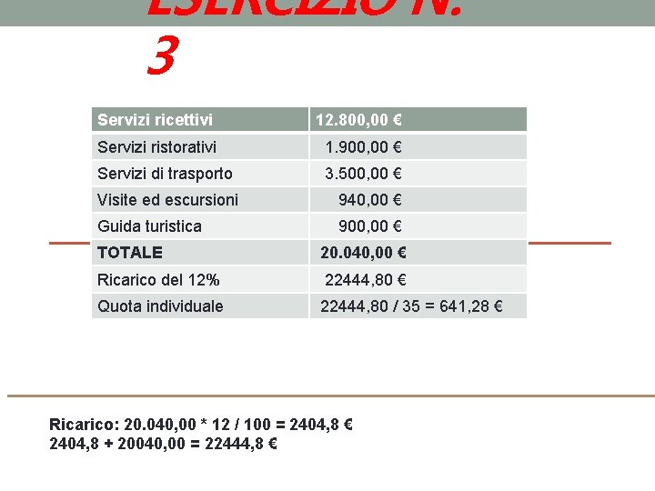 ESERCIZIO N. 3 Servizi ricettivi 12. 800, 00 € Servizi ristorativi 1. 900, 00