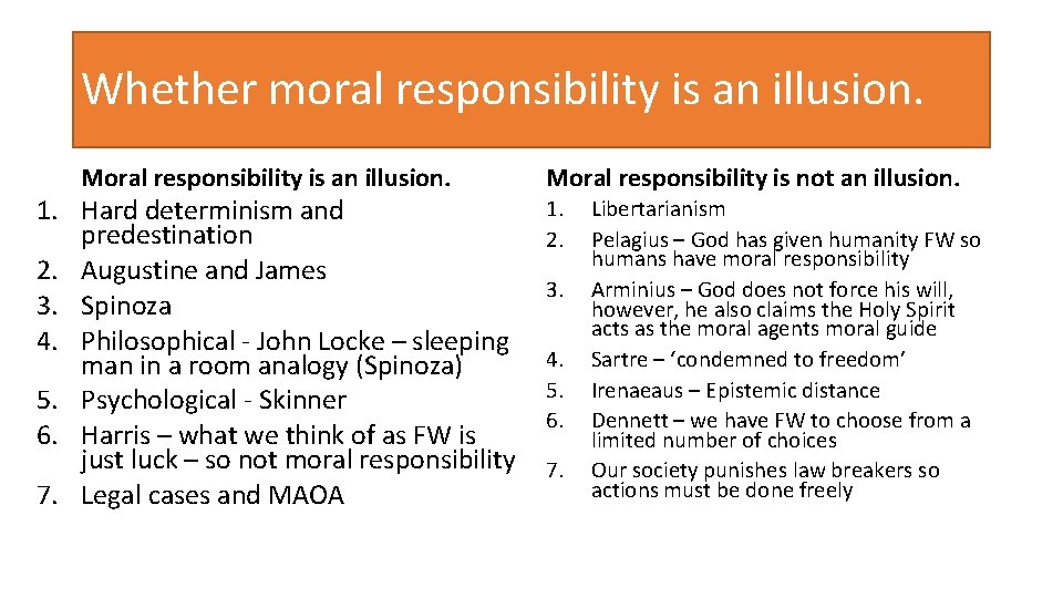 Whether moral responsibility is an illusion. Moral responsibility is an illusion. 1. Hard determinism