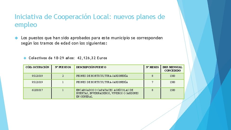 Iniciativa de Cooperación Local: nuevos planes de empleo Los puestos que han sido aprobados