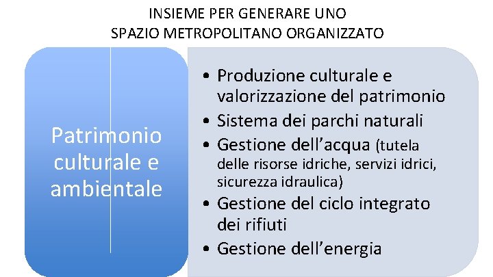 INSIEME PER GENERARE UNO SPAZIO METROPOLITANO ORGANIZZATO Patrimonio culturale e ambientale • Produzione culturale