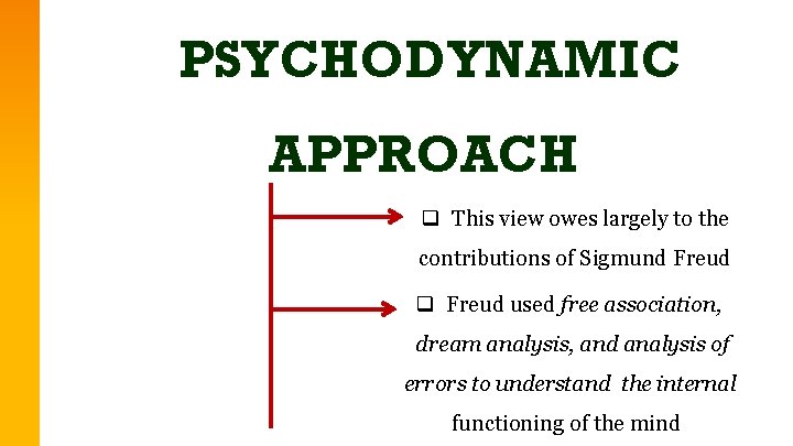 PSYCHODYNAMIC APPROACH q This view owes largely to the contributions of Sigmund Freud q