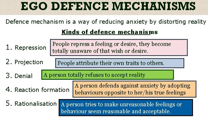 EGO DEFENCE MECHANISMS Defence mechanism is a way of reducing anxiety by distorting reality