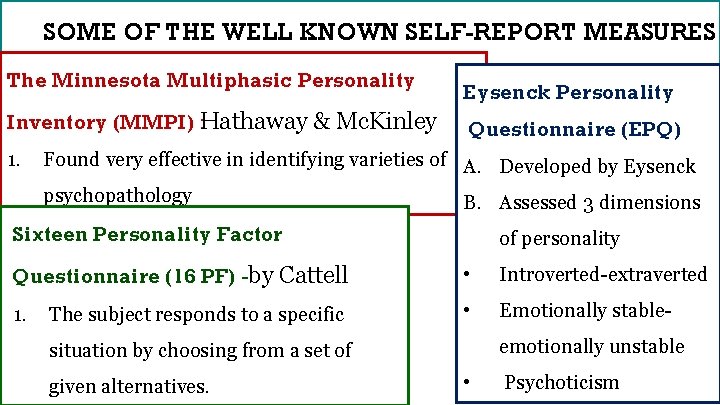 SOME OF THE WELL KNOWN SELF-REPORT MEASURES The Minnesota Multiphasic Personality Inventory (MMPI) :