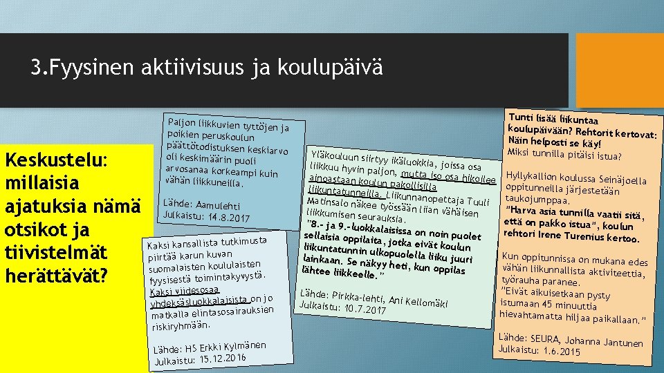 3. Fyysinen aktiivisuus ja koulupäivä Keskustelu: millaisia ajatuksia nämä otsikot ja tiivistelmät herättävät? Paljon