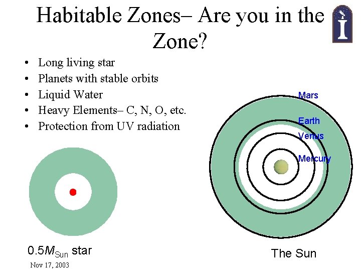 Habitable Zones– Are you in the Zone? • • • Long living star Planets