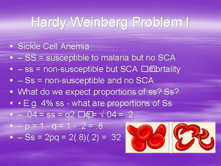Hardy Weinberg Problem I § § § § § Sickle Cell Anemia – SS