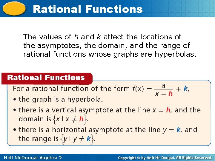 Rational Functions The values of h and k affect the locations of the asymptotes,