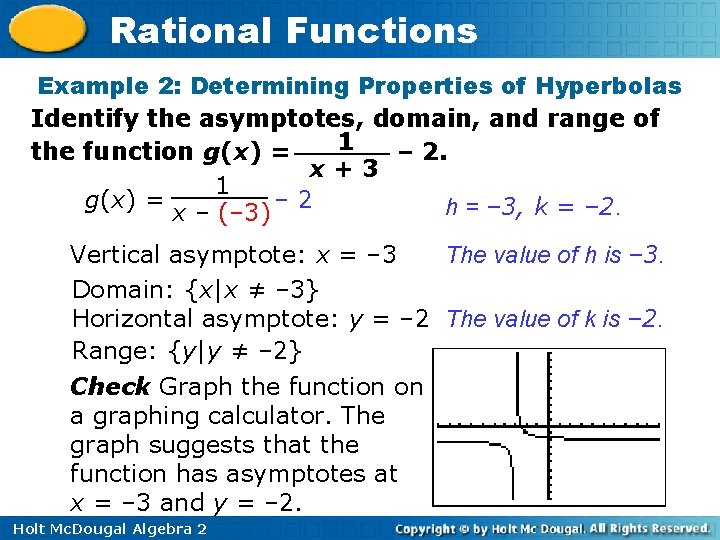 Rational Functions Example 2: Determining Properties of Hyperbolas Identify the asymptotes, domain, and range