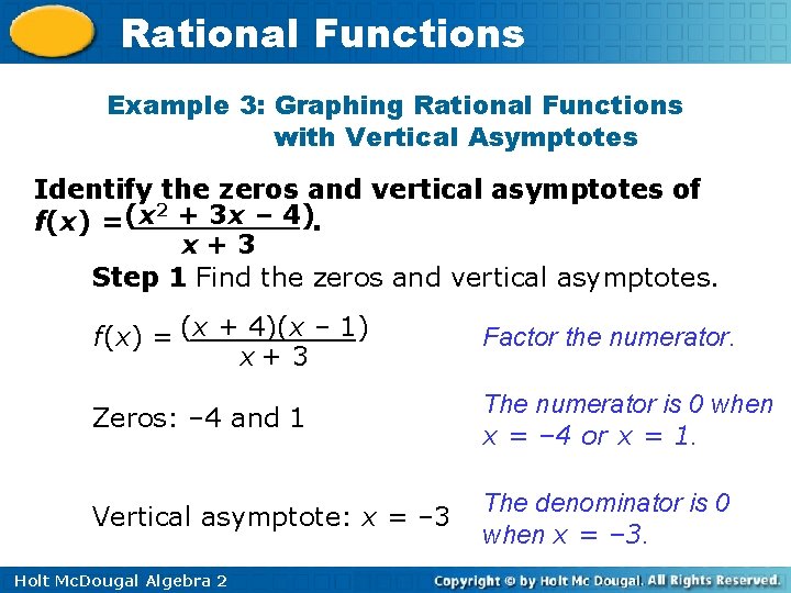 Rational Functions Example 3: Graphing Rational Functions with Vertical Asymptotes Identify the zeros and