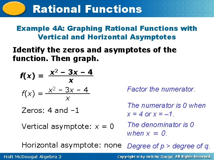 Rational Functions Example 4 A: Graphing Rational Functions with Vertical and Horizontal Asymptotes Identify
