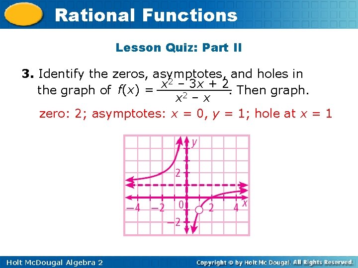 Rational Functions Lesson Quiz: Part II 3. Identify the zeros, asymptotes, and holes in