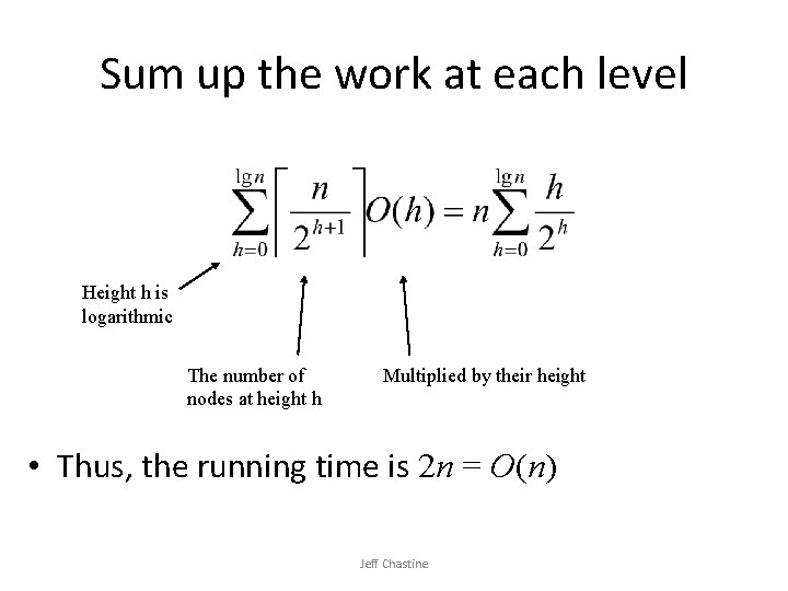 Sum up the work at each level Height h is logarithmic The number of