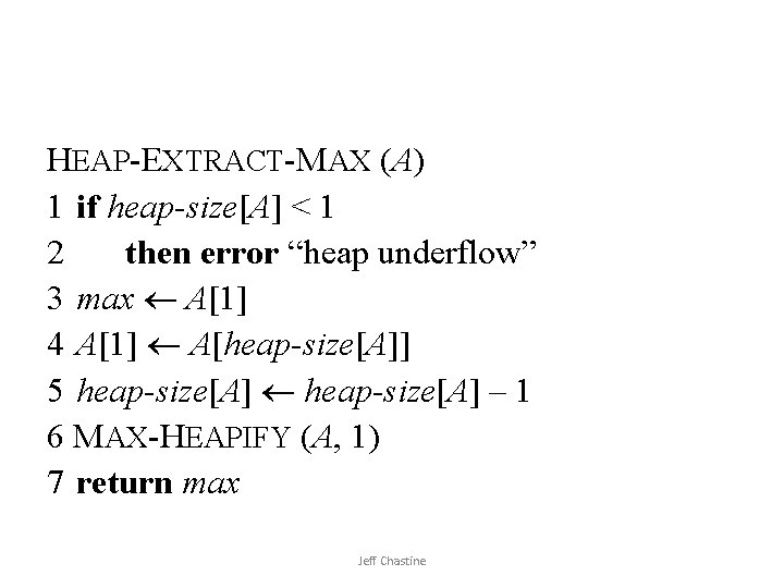 HEAP-EXTRACT-MAX (A) 1 if heap-size[A] < 1 2 then error “heap underflow” 3 max