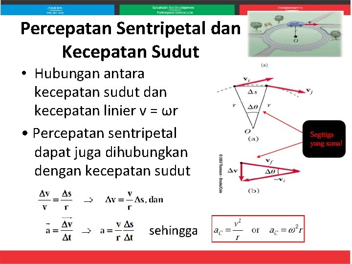 Percepatan Sentripetal dan Kecepatan Sudut • Hubungan antara kecepatan sudut dan kecepatan linier v