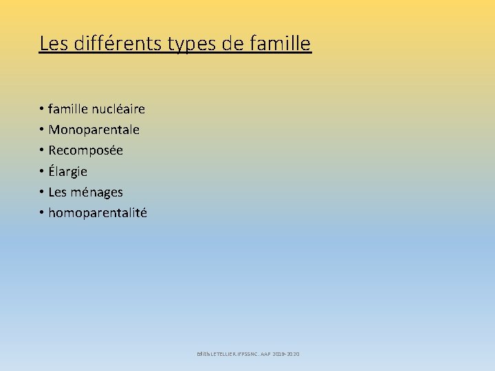 Les différents types de famille • famille nucléaire • Monoparentale • Recomposée • Élargie