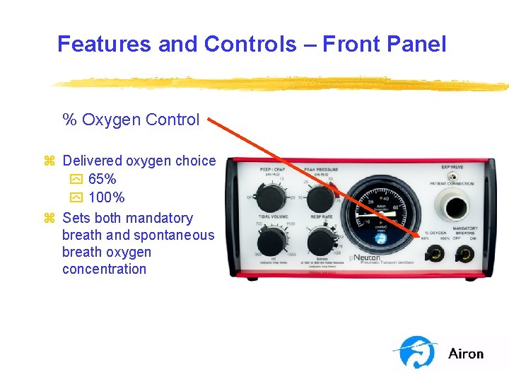 Features and Controls – Front Panel % Oxygen Control z Delivered oxygen choice y