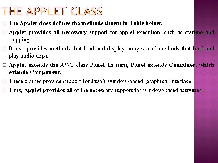 � � � The Applet class defines the methods shown in Table below. Applet