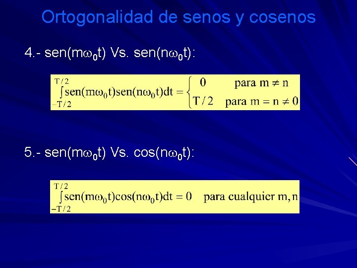 Ortogonalidad de senos y cosenos 4. - sen(mw 0 t) Vs. sen(nw 0 t):