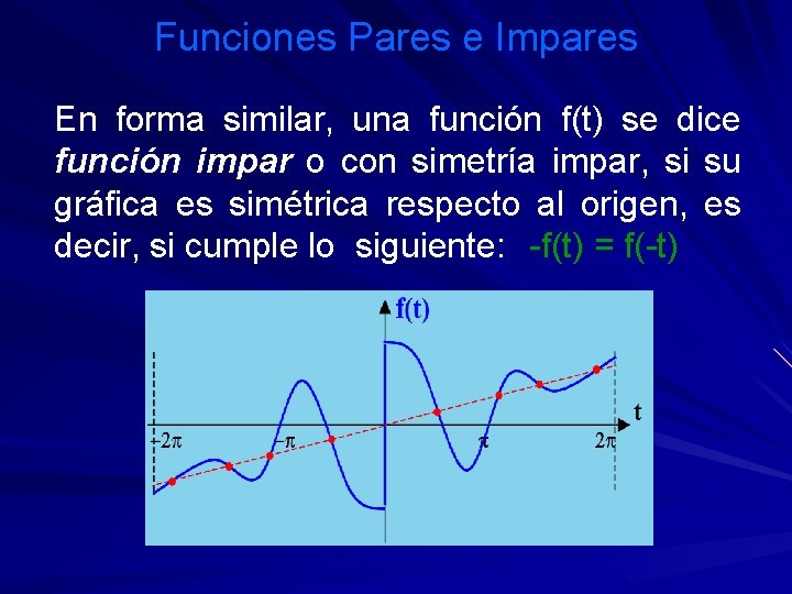 Funciones Pares e Impares En forma similar, una función f(t) se dice función impar