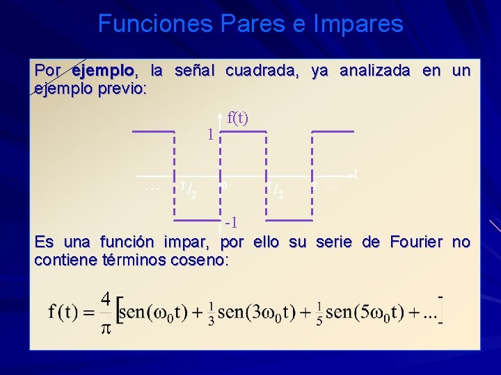 Funciones Pares e Impares Por ejemplo, la señal cuadrada, ya analizada en un ejemplo