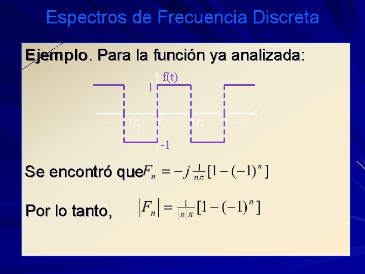 Espectros de Frecuencia Discreta Ejemplo. Para la función ya analizada: 1. . . -T/