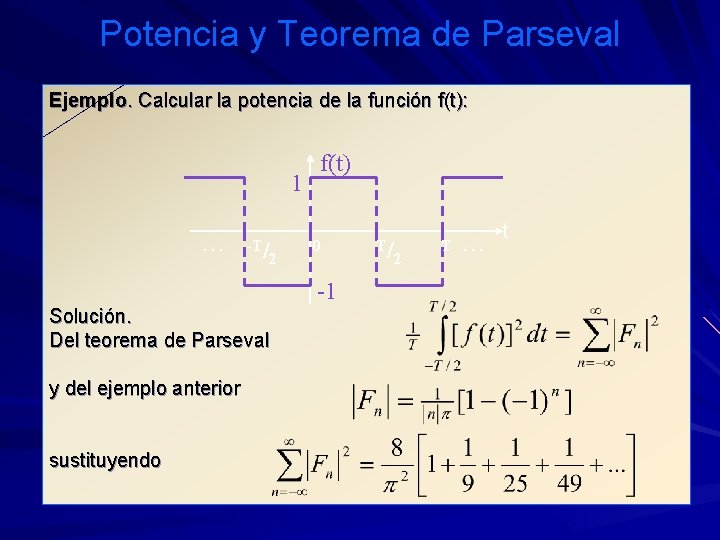 Potencia y Teorema de Parseval Ejemplo. Calcular la potencia de la función f(t): 1.