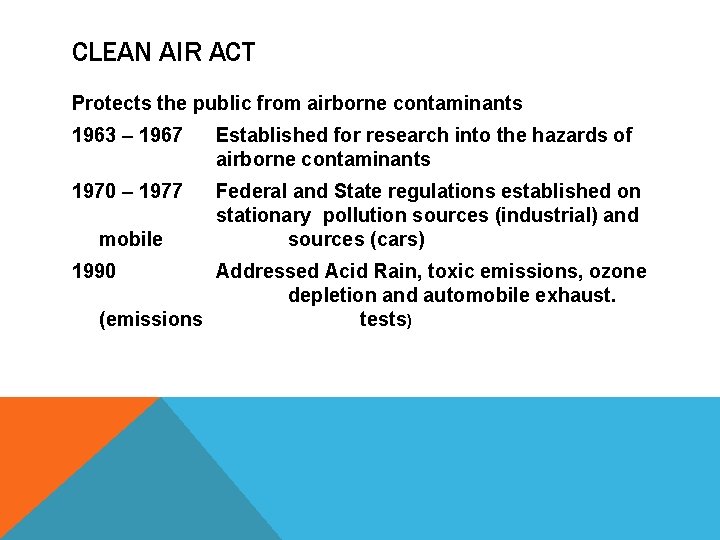 CLEAN AIR ACT Protects the public from airborne contaminants 1963 – 1967 Established for