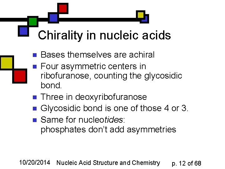 Chirality in nucleic acids n n n Bases themselves are achiral Four asymmetric centers