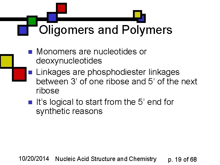 Oligomers and Polymers n n n Monomers are nucleotides or deoxynucleotides Linkages are phosphodiester