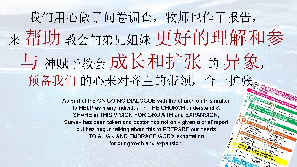 我们用心做了问卷调查，牧师也作了报告， 来 帮助 教会的弟兄姐妹 更好的理解和参 与 神赋予教会 成长和扩张 的 异象， 预备我们 的心来对齐主的带领，合一扩张。 As part