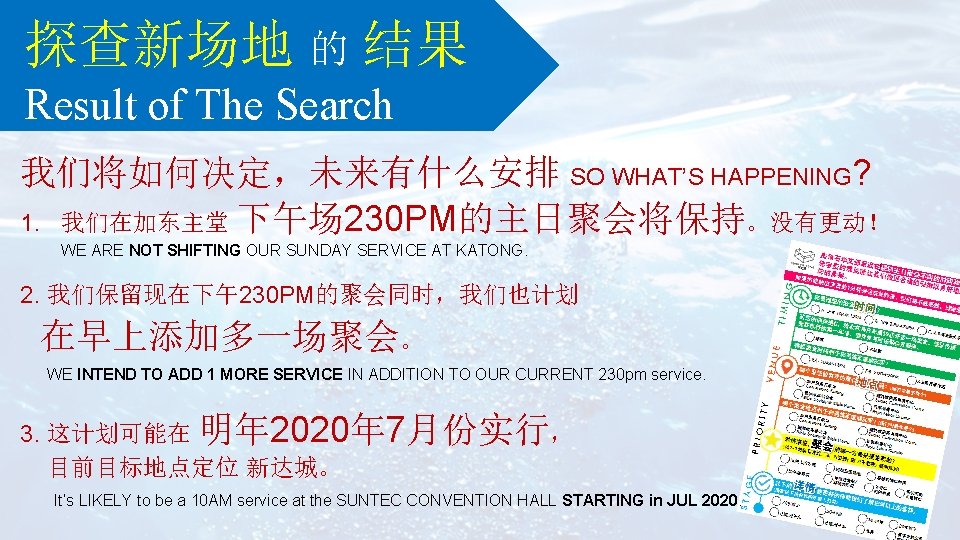 探查新场地 的 结果 Result of The Search 我们将如何决定，未来有什么安排 SO WHAT’S HAPPENING? 1. 我们在加东主堂 下午场