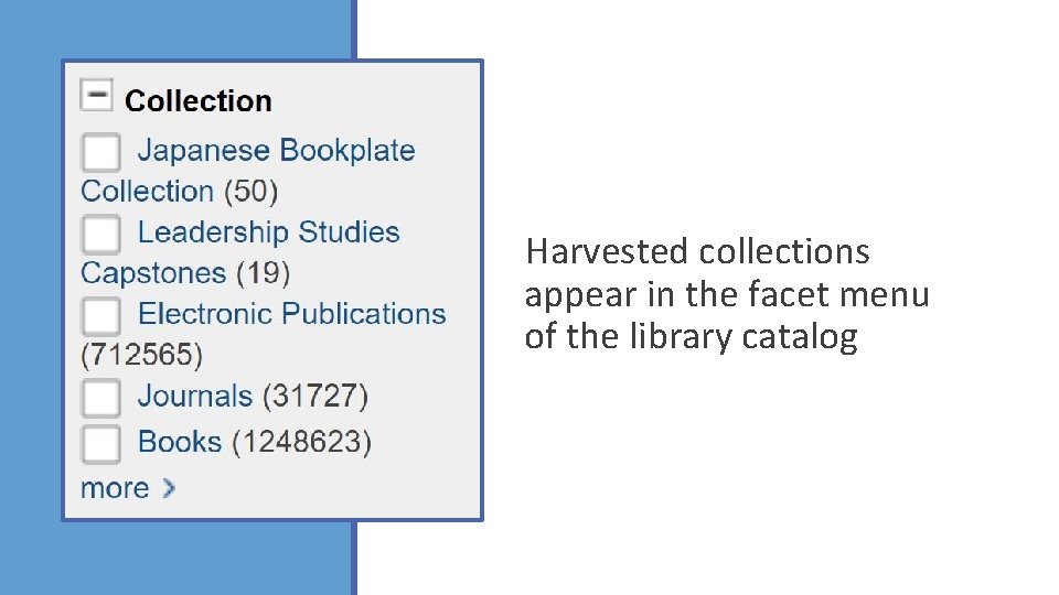 Harvested collections appear in the facet menu of the library catalog Harvested collections appear in the facet menu of the library catalog