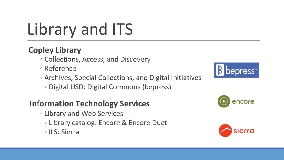 Library and ITS Copley Library ◦ Collections, Access, and Discovery ◦ Reference ◦ Archives, Library and ITS Copley Library ◦ Collections, Access, and Discovery ◦ Reference ◦ Archives,