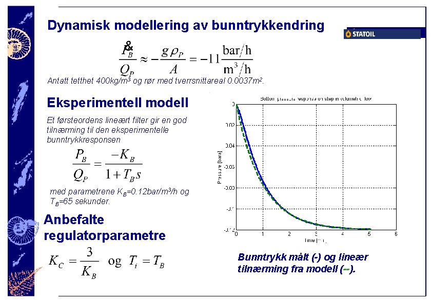 Dynamisk modellering av bunntrykkendring Antatt tetthet 400 kg/m 3 og rør med tverrsnittareal 0.