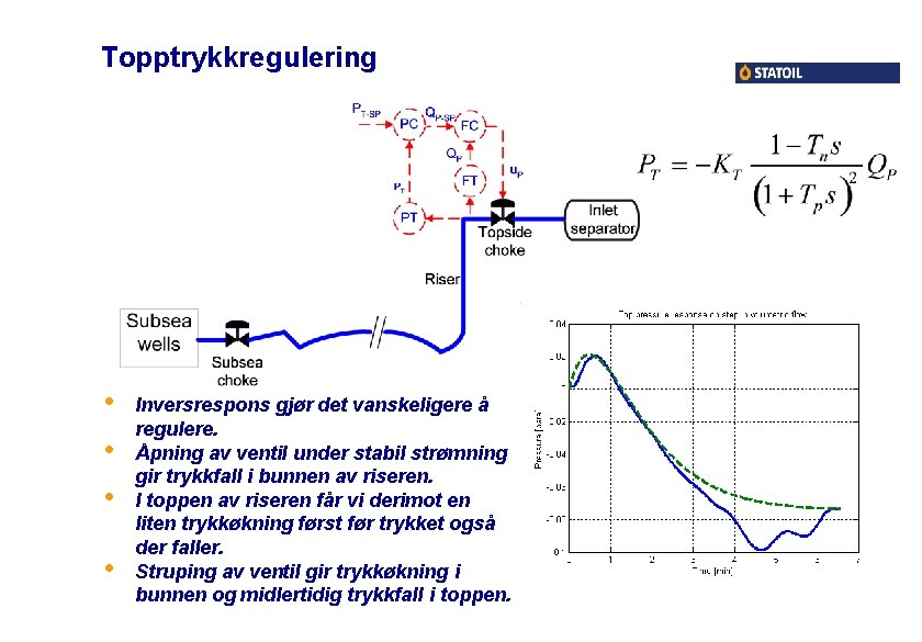 Topptrykkregulering • • Inversrespons gjør det vanskeligere å regulere. Åpning av ventil under stabil