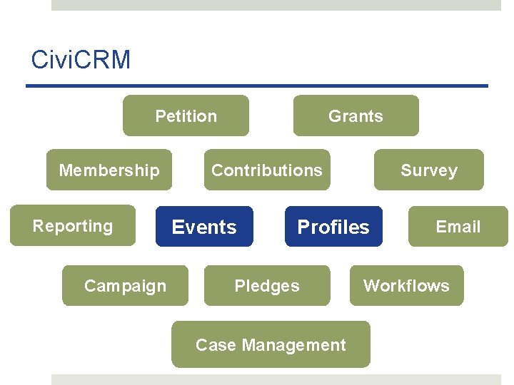 Civi. CRM Petition Membership Reporting Campaign Grants Contributions Events Survey Profiles Pledges Case Management