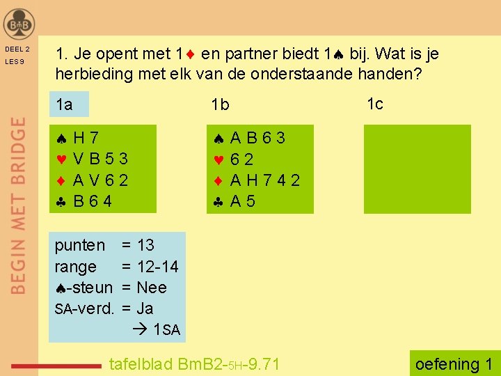 DEEL 2 LES 9 1. Je opent met 1 en partner biedt 1 bij.