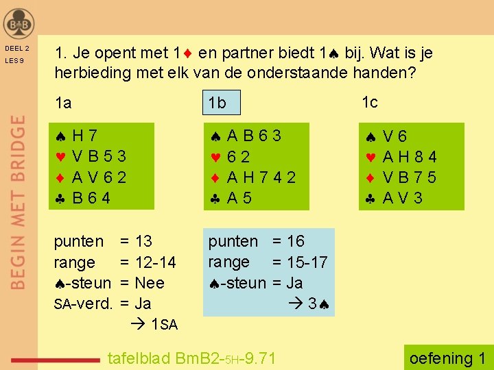 DEEL 2 LES 9 1. Je opent met 1 en partner biedt 1 bij.