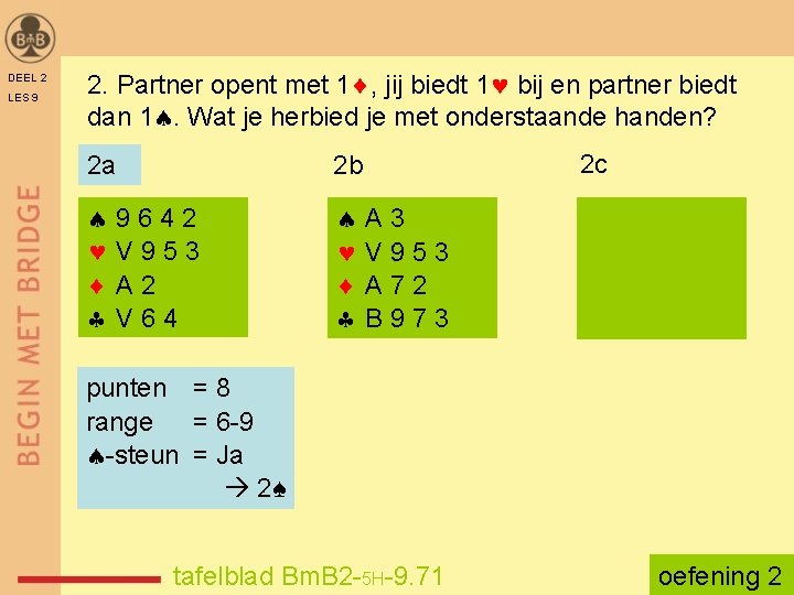 DEEL 2 LES 9 2. Partner opent met 1 , jij biedt 1 bij