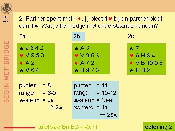 DEEL 2 LES 9 2. Partner opent met 1 , jij biedt 1 bij