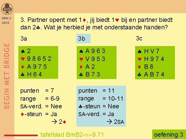 DEEL 2 LES 9 3. Partner opent met 1 , jij biedt 1 bij