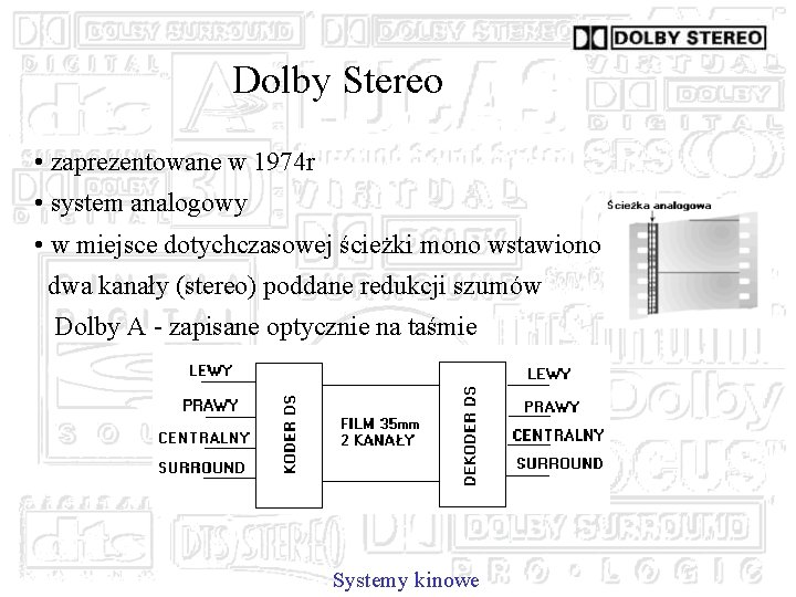 Dolby Stereo • zaprezentowane w 1974 r • system analogowy • w miejsce dotychczasowej