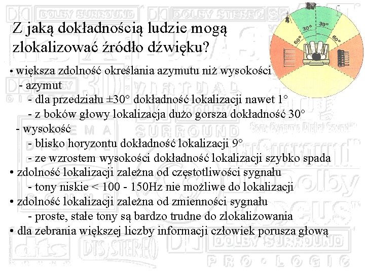 Z jaką dokładnością ludzie mogą zlokalizować źródło dźwięku? • większa zdolność określania azymutu niż