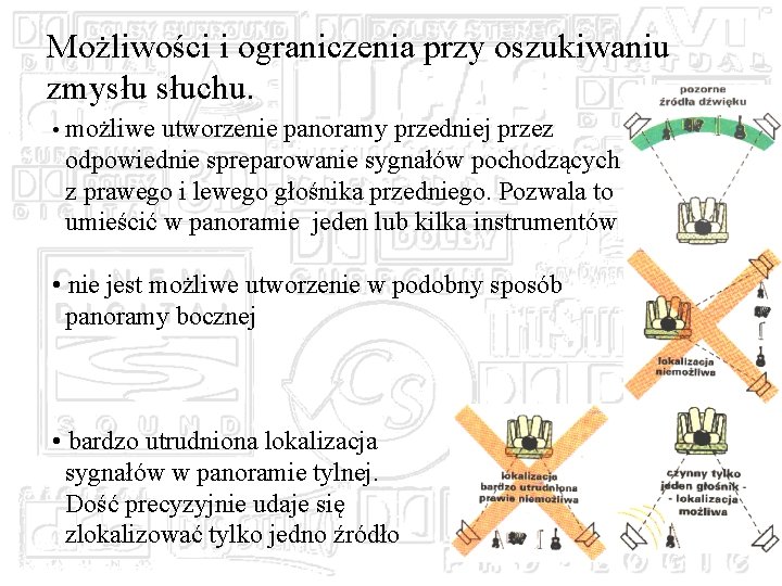 Możliwości i ograniczenia przy oszukiwaniu zmysłu słuchu. • możliwe utworzenie panoramy przedniej przez odpowiednie