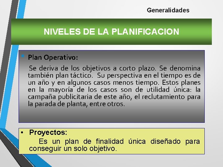 Generalidades NIVELES DE LA PLANIFICACION • Plan Operativo: Se deriva de los objetivos a