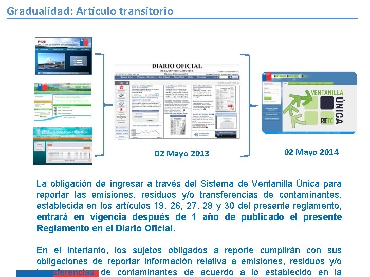 Gradualidad: Artículo transitorio 02 Mayo 2013 02 Mayo 2014 La obligación de ingresar a