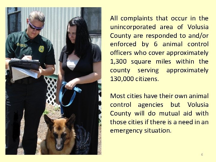 All complaints that occur in the unincorporated area of Volusia County are responded to