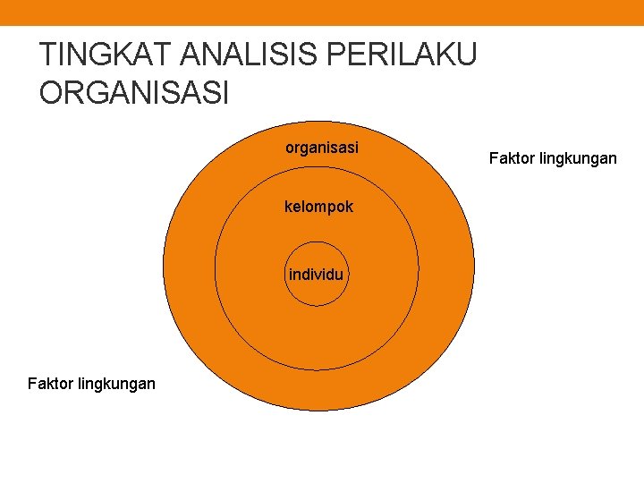 TINGKAT ANALISIS PERILAKU ORGANISASI organisasi kelompok individu Faktor lingkungan TINGKAT ANALISIS PERILAKU ORGANISASI organisasi kelompok individu Faktor lingkungan